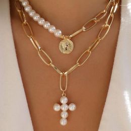 Pendant Necklaces Fashion Retro Pearl Cross Letter Gold Color Necklace Big Inlaid Sweater Chain Women Jewelry Accessories