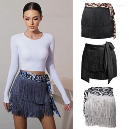 Stage Wear 2023 Leopard Skirt Latin Dance Practise Clothes Double Layer Encryption Fringed Chacha Samba Skirts SL4324