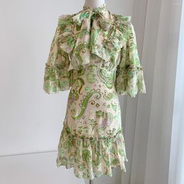 Casual Dresses Green Cashew Print Women Linen Mini Dress Ribbon Bow Collar Flare Sleeve Lady