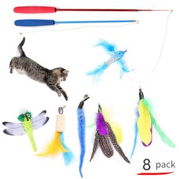 Toys 8PCS Set Fishing Rod Teaser Cat Stick Toys Kitten Interactive Feather Bell Cat Toy Pet Telescopic Wand Funny Cats Teasing Toy