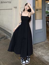 Casual Dresses Summer Midi Dress Women Black French Style Sweet Vintage Aline Elegant Aesthetic Popular Backless College Slit Designed Vestido Z0506