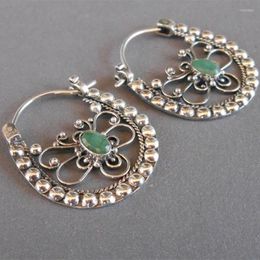 Hoop Earrings Ethnic Silver Colour Metal Carving Dragonfly Vintage Oval Inlaid Green Zircon For Women Jewellery