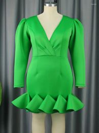 Ethnic Clothing Chic Design Green African Dress For Women Fashion Big Size Africa Clothes Long Sleeve V-neck Pleated Sexy Hip Wrap Party