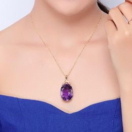 Pendant Necklaces Gemstone Charm18k Gold Plated 36CT Amethyst Colour Oval Crystal Necklace Lady Wedding Jewellery