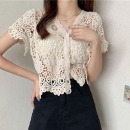 Women's T Shirts D Women Summer French Style Short Sleeve Lace Shrug Hollow Out Crochet Knit Bolero Cardigan V-Neck Button Down Sheer Crop