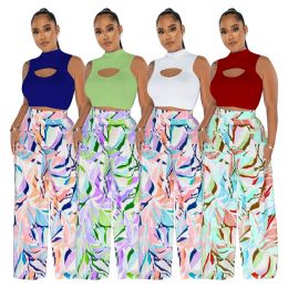NEW Designer Tracksuits Summer Two Piece Sets Women Outfits Sexy Cut Out Tank Top and Wide Leg Pants Matching Sets Casual Print Sportswear