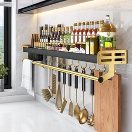 Organization Kitchen Spice Rack Wall Season Bottle Holder Condiment Knife Chopstick Shelf Gadgets Supplies Haning Storage Black Gold Aluminum