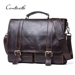 Briefcases CONTACT'S Men's Briefcase Genuine Leather Business Handbag Laptop Casual Large Shoulder Bag Vintage Messenger Bags Luxury Bolsas 230506
