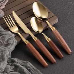 Dinnerware Sets 4Pcs Wood Handle Cutlery Set Western Kitchen Knifes Forks Spoons Stainless Steel Travel Tableware Drop