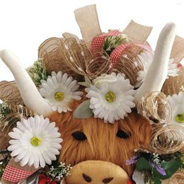 Decorative Flowers Highland Cattle Spring Wreath Wall Door 19inch For House Fireplace Arrangement Handcrafted Artificial Floral