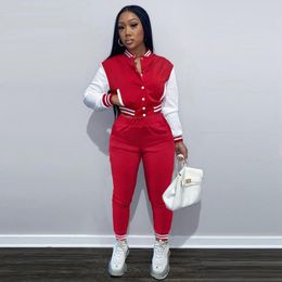 Women's Two Piece Pants Women's Tracksuit Color Blocking Baseball Matching Outfits Single-breasted Long-sleeved Jacket Jogging Set Suits