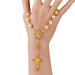 Charm Bracelets 20pcs/Lot Gold And Silver Lace Glass Imitation Pearl Catholic Rose Rosary Bracelet Jesus Cross Beaded