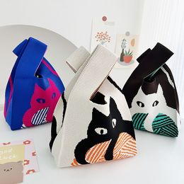 Shopping Bags 2023 Women Grils Lovely Cat Animal Knitted Crocheted Small Bag Handbag Pocket Kids' 230506