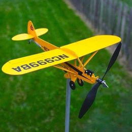 Decorative Objects Figurines 3D Piper J3 Cub Wind Spinner Plane Metal Airplane Weather Vane Outdoor Roof Direction Indicator WeatherVane Garden Decor 230506