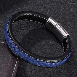 Charm Bracelets Fashion Black Blue Leather Braided Bracelet Men 3 Colors Magnetic Buckle Male Wrist Band Jewelry Bangles Gifts S0009