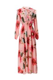 2023 Summer Pink Floral Print Ribbon Tie Bow Dress Long Sleeve Round Neck Panelled Long Maxi Casual Dresses D3W031708