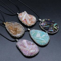 Pendant Necklaces 1PCS Real Natural Stone Crystal Pendent Resin Inlaid Rough Necklace Multicolor Leather Chain