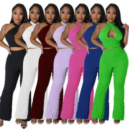 2023 Designer Tracksuits Women Bubble Textured Two Piece Sets Sexy Halter Neck Backless Crop Top and Straight Pants Matching Sets Outfits