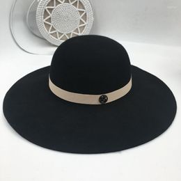 Wide Brim Hats Panama Fedoras Wool Hat 9 Cm Large Eaves Basin Fine Green Ribbon Double Black Metal Logo Dome Edition Female