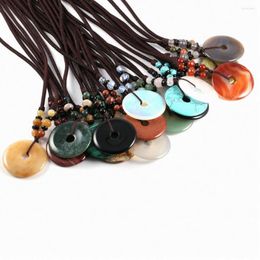 Pendant Necklaces Bohemian Style Natural Semi-precious Stone Agate Rose Quartz Reiki Round Necklace Charm Gift For Men And Women 40mm