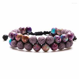 Strand HIYONG Colourful Natural Volcanic Stone Beads Bracelet Essential Oil Diffuser Bracelets Women Double Row Braided Rope