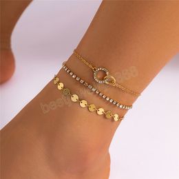 Vintage Rhinestone Lock Round Pendant Anklet Bracelet for Women Summer Beach Barefoot Sandals Sequin Ankle Boho Accessories