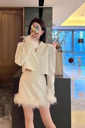 Two Piece Dress 2023 Autumn Fashion Ostrich Feather Decorated Women Short Blazer Coat Suit Mini Skirt Set