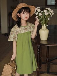 Girl Dresses 2023 Summer Lantern Sleeve Dress Girls' Contrast Panel High Waist Skirt Kids Clothes Knee-Length 4-6y 7-12y Girls