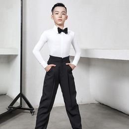 Stage Wear Latin Dance Competition Clothes For Boys Children White Shirts Tie Pants Suit Chacha Samba Tango Costumes DQS7905