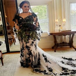 Chic Black Lace Gothic Wedding Dress 2023 Plus Size Long Sleeve Mermaid Country Garden Bridal Dresses With Train Elegant Bride robe de mariee Femme vestido de noiva
