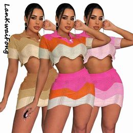 Two Piece Dress LKF 2023 New Women's Dress 2piece knitted short sleeved waist top mini skirt stripe sexy hip wrap dress suit party bar dress J230506