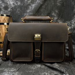 Briefcases Luxury Fashion 100 Genuine Leather Men Briefcase Cow Laptop Bag Vintage Shoulder Real Cowhide Computer 156" 230506