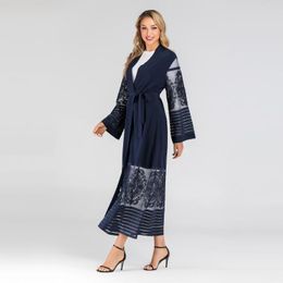 Casual Dresses Muslim Open Abaya Embroidery Mesh Dubai Long Robe Hijab Dress Women Caftan Lace-up Kimono Jubah Islamic Clothing Arab Outwear