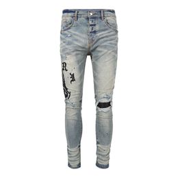 Men's Jeans Designer Stack Ripped Jean Embroidery Quilting Trend Brand Vintage Fold Slim Skinny Fashion Sstraight Pants