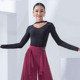 Stage Wear 2023 Ballroom Dance Clothes Women Latin Tops V-neck Pearl Chain Long Sleeve Practise Performance Modern DNV14523