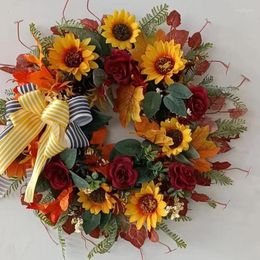 Decorative Flowers Artificial Fall Wreath Decoration Sunflower Autumn Wreaths Farmhouse Front Door Wall Decor Thanksgiving Garland Christmas