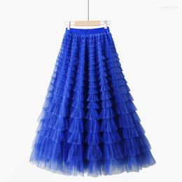 Skirts Cake Princess Long Tulle Skirt For Women 2023 Spring Summer Elastic High Waist Layer Fresh Sweet Coffee Female