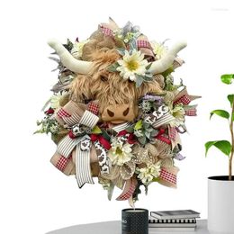 Decorative Flowers Highland Cow Door Wreath Bow Leaves Decorations For Front Porch Wooden Spring Decoration Floral Wall Window Decor