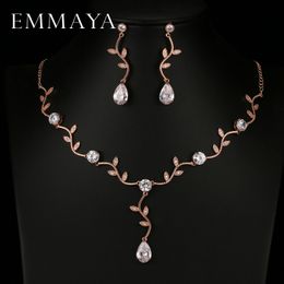 Pendant Necklaces EMMAYA Rose Gold Colour Zircon Crystal Bridal Jewellery Sets Leaf Shape Choker Necklace Earrings Wedding Ornament for Women 230506