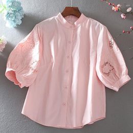 Women's Polos Pure Cotton Embroidery Blouses For Women Shirt Half Sleeve Hollow Female Stand-up Collar Lantern Blous Woman