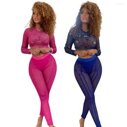 Women's Two Piece Pants Sexy Sheer Mesh Print Tracksuit Women Summer O Neck Long Sleeve Crop Top See Through Club Party Set Outfits