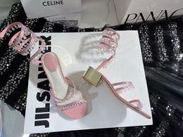 Luxury Design Lady Sandal Designer Elegance Rene CHANDELIER CRYSTAL COPPER PINK SANDAL Shoes Women Crystal Strap Mule Lady Slip On High Heels Party Wedding Dress
