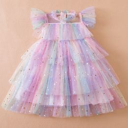 Girls Dresses Girl Sequin Rainbow Princess Dress 3 6 8 Yrs Fancy Kids Unicorn Mesh Party Cake Clothes Toddler Girl Summer Birthday Costume 230506