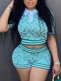 Women's Tracksuits LW Vintage Geometric Print Striped Colour Block 2pcs Shorts Suits Polo Neck Short Sleeve Crop Top&Matching Set