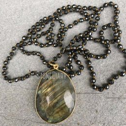 Pendant Necklaces NM21494 Tiny Black Hematite Necklace Boho Glam Large Free Form Labradorite Hand Knotted Long Layering