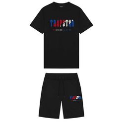 Summer new embroidery Trapstar London shooter shorts-sleeved t shirt suit chenille decoding black ice Flavour Motion current round neck T-shirt shorts 38ess
