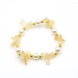 Strand Light Yellow Gold Color Pearls Connect Irregular Shape Citrines Crystal Elastic Bracelet Fluorite Stone Jewelry