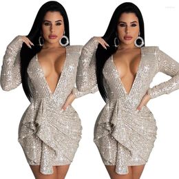 Casual Dresses Sparkly Dress Sequins Year Party Women 2023 Deep V Neck Ruffles Irregular Mini Nightclub Sexy Clothing