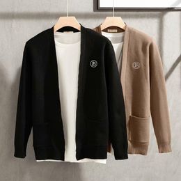 Men's Sweaters Solid Sleeve Pockets Fashion Brand Color Luxury Black 2023 Korean Cardigan Style Knitted Sweater Long Coats Casual Clothes