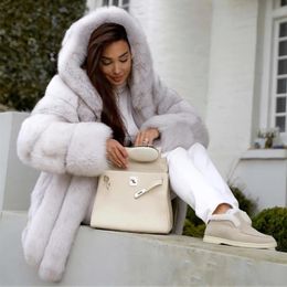 Women's Fur & Faux Natural White Real Jacket With Hood Thick Warm Overcoat Winter Women Outwear Mid-length Genuine Coats Woman